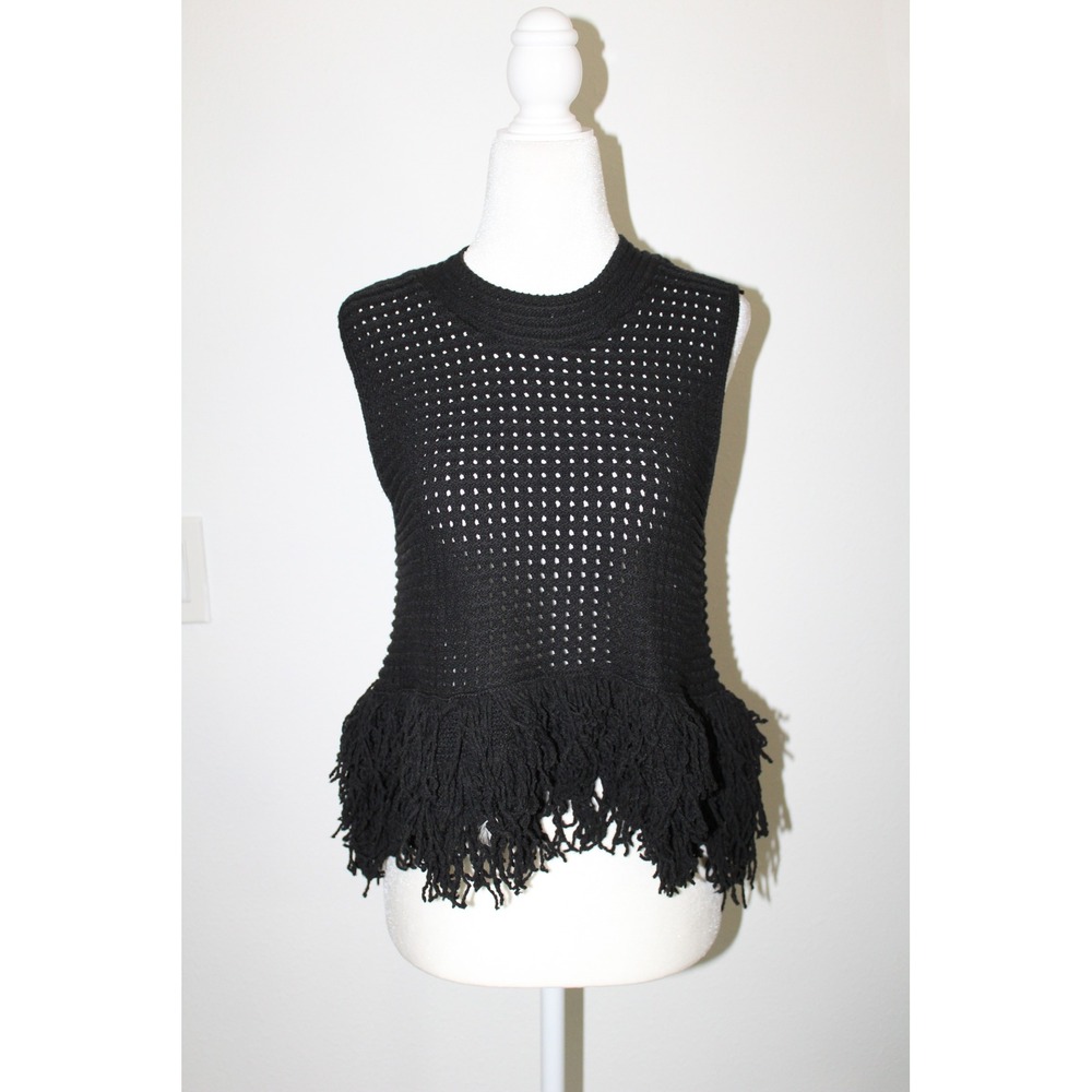 Zara Black Open Knit Fringe Hem Sleeveless Crochet Boho Top Small Frayed Boho